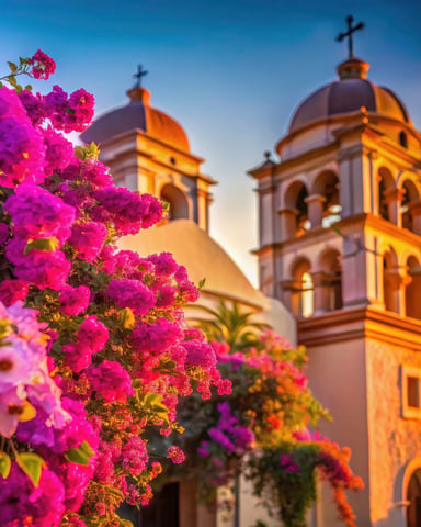 Bright magenta bougainvillea flowers frame a colonial church with golden domes and crosses at sunset