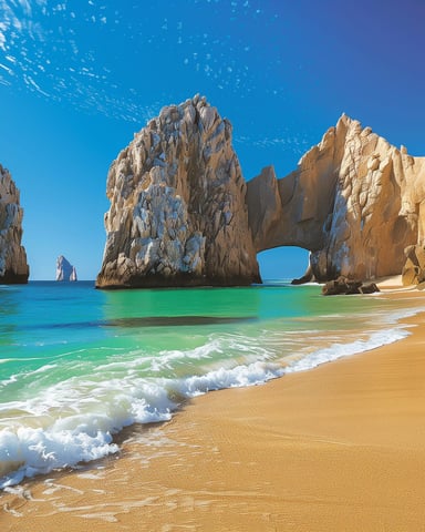 Sandy beach with turquoise waves and dramatic rock formations with natural arch against clear blue sky